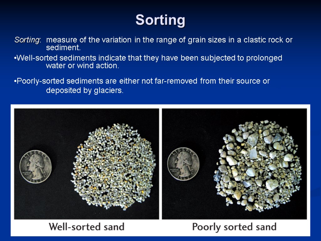 Sorting Sorting: measure of the variation in the range of grain sizes in a